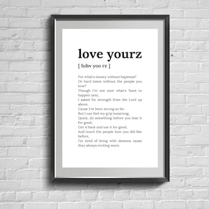 Love Yourz Lyrics Wall Art. Minimalistyczny wystrój. Plakat na płótnie.