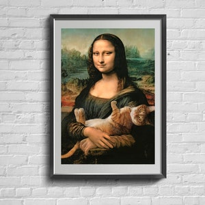 Mona Lisa With A Cat Poster. Pop Illustration Painting Print Wall Art Decor.