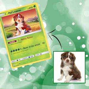 Cartes personnalisées PokePets. Affiche d'élément d'herbe. Pokecard numérique pour animaux de compagnie. Art mural anime pour elle et lui.