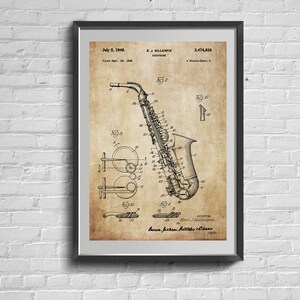 Patent Print Of Saxaphone From 1949: Vintage Patent Print. Gift For Music Lover. Living Room Retro Decor. Blueprint Poster.