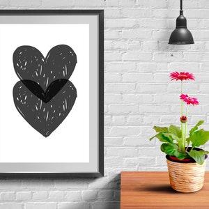 Two Black Hearts. Black And White Art. Romantic Prints. Heart Wall Print.