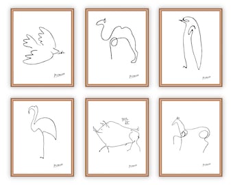 Line Art Drawing Print Set Of 6 Animal. Modern Sketches Minimalist Poster. Scandinavian Wall Decor.