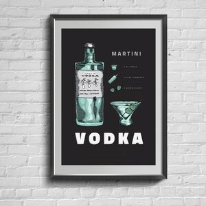 Impresión de pared con Martini, Potata y Vodka. Arte mural clásico. Póster moderno para bar. Decoración artística con cócteles.