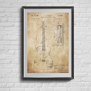 Patent Print Of Acoustic Guitar From 1966: Vintage Patent Print. Gift For Music Lover. Living Room Retro Decor. Blueprint Poster.