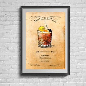 Lámina mural de bebidas de Manchester. Póster clásico. Arte de bar moderno. Decoración mural de cócteles.
