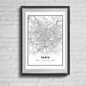 Impresión del mapa de París. Mapas de Francia. Arte callejero de París Arte de pared de Francia. Mapa de la decoración de París.