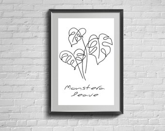 Monstera Leaves Line Wall Art. Botanic Print. Abstract Plants Decor. Minimalist Poster. One Line Drawing.