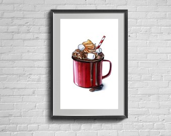 Süße Tasse Kaffee mit Marshmallows Poster. Mode lecker Druck. Minimalistische Illustration Wandkunst. Wohndekor.