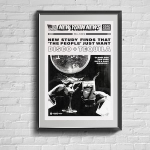 Disco Tequila Vintage Poster. Black White Bar Print. Retro Vintage Decor. Disco Bar Wall Art. Disco Cover Newspaper Room Decor.