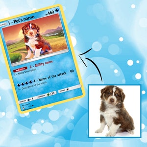Cartes personnalisées PokePets. Affiche de l'élément eau. Pokecard numérique pour animaux de compagnie. Art mural anime pour elle et lui.