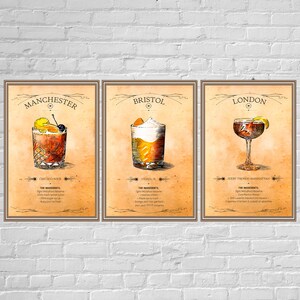 Lámina de bebidas de Londres, Mánchester y Bristol. Juego de 3 piezas clásicas. Póster moderno para bar. Decoración artística de cócteles.