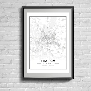 Impresión del mapa de Járkov. Mapas de Ucrania. Arte callejero de Járkov, arte mural de Ucrania. Decoración con el mapa de Járkov.