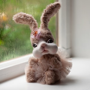 Beige bunny rabbit handmade knitted doll interior collectible toy