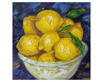Bowl of Lemons Original Oil Kitchen Painting Impasto Citrus Artwork