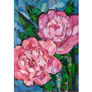 Peonies Painting Original Oil Flower Painting, Oil Cardboard, Small Wall Art 7 by 5&quot;