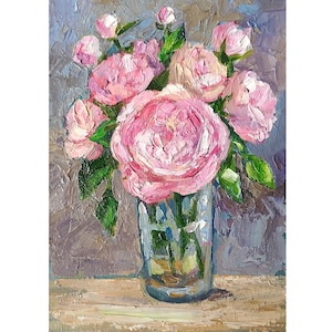 Peony Painting Original Flower Painting Oil Peonies Still Life, Small Wall Art 7 by 5&quot;