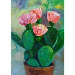 Cactus en fleurs peinture à l&#39;huile oeuvre d&#39;art originale peinture fleur de cactus, petite oeuvre d&#39;art murale 7 par 5&quot;