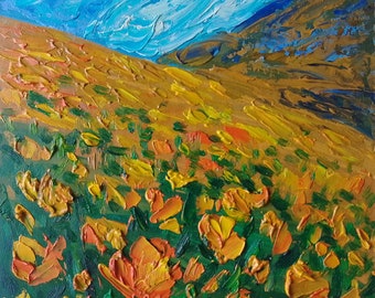 California Poppies Painting Original Oil Impasto Landscape Wall Art Small Artwork 6 by 6"