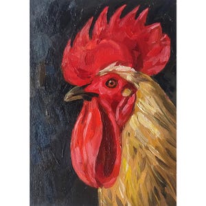 Rooster Bird Painting Oil Original, Portrait Rooster, Farm Animals, Wall Art Gift, Small Wall Art 7 by 5&quot;