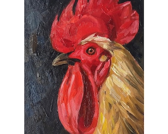 Origineel olieverfschilderij haanportret, boerderijdieren muurkunst, op bestelling gemaakt, PaintingByNata