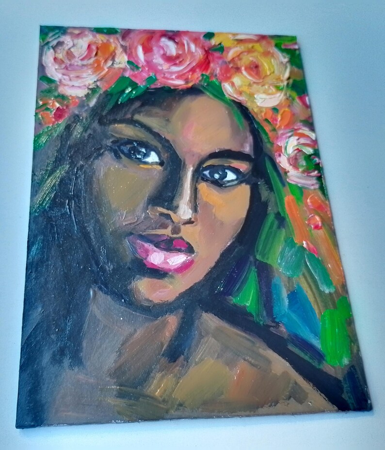 African American Woman Painting Oil Original Black Woman With Flowers