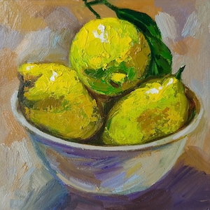 Tazón de limones Pintura al óleo original de cocina Impasto Citrus, Pintura por encargo