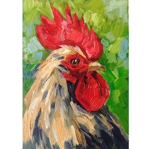 Rooster Bird Painting Oil Original, Portrait Rooster, Farm Animals, Wall Art Gift, Small Wall Art 7 by 5&quot;