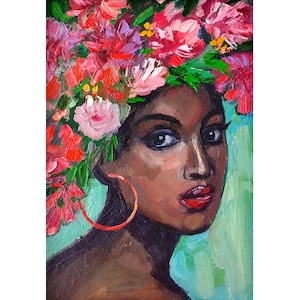 Pintura de mujer afroamericana original con corona de flores, óleo sobre cartón, arte pequeño de 7 x 5 pulgadas