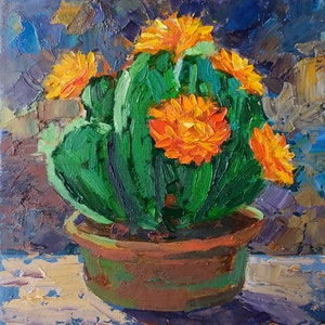 Cactus en fleurs peinture à l&#39;huile oeuvre d&#39;art originale fleur de cactus peinture petite oeuvre d&#39;art murale 6 par 6&quot;
