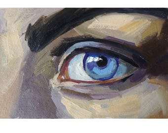 Puede incluir: Pintura al óleo en primer plano de un ojo humano. El ojo es de un azul vibrante con tonos más claros en el centro y tonos más oscuros alrededor del iris. La ceja es de color marrón oscuro y los tonos de piel son una mezcla de beige, morado y marrón.