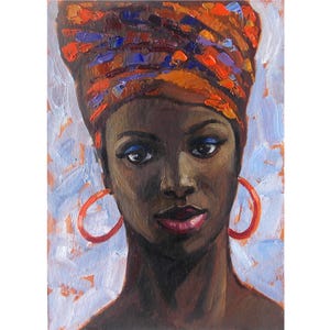 African American Woman Painting Oil Original, Black Woman Portrait, Girl in Turban, Wall Art 7x5&quot;