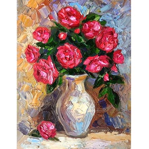 Peinture à l'huile originale de roses, bouquet de roses rouges de fleurs, nature morte, petite oeuvre d'art murale 8 x 6 po
