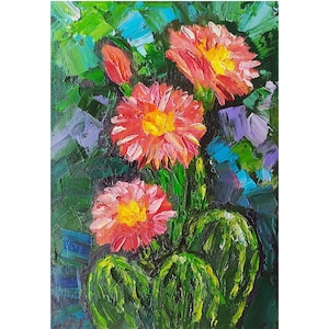 Cactus en fleurs peinture à l&#39;huile originale, oeuvre d&#39;art fleur de cactus, petite oeuvre d&#39;art murale 7 par 5&quot;