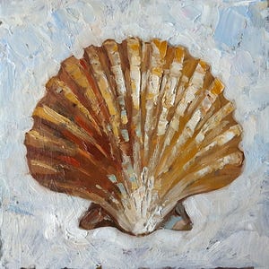 May include: Oil painting of a scallop shell in shades of brown, gold, and white. The shell is the focal point, set against a textured, light blue and white background. The artwork has a textured, impasto style.