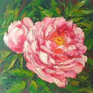 Pfingstrosen Malerei Originales Öl Impasto Blumen Kunstwerk, Wandkunst 15 x 15 cm
