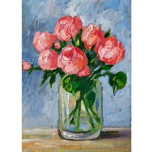 Pintura a óleo de rosas, flor original, pintura a óleo em papelão, pequena arte de parede 7x5"