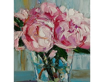 Pink Peonies Painting Original Flower Still life Impasto Oil, Painting to Order