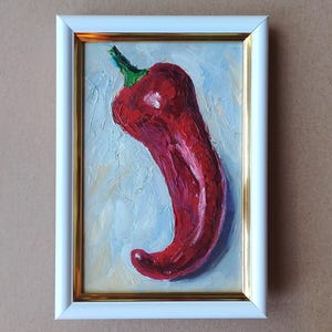 Pepper Oil Painting Original Hot Pepper Red, Vegetable Impasto Painting for Kitchen, Painting Gift in Frame, Small Art 6x4&quot;
