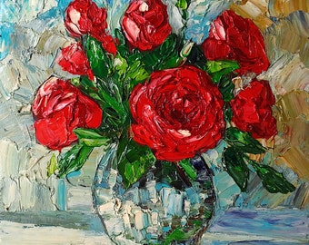 Rose Original Painting Bouquet of Red Roses Flowers Oil Texture Painting Artwork 8x8"