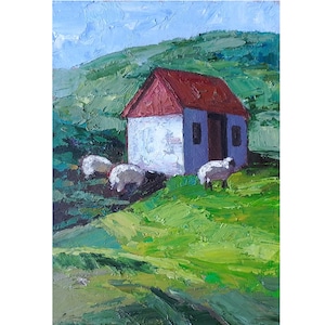 Irish Cottage Oil Painting Original, Ireland Landscape, Sheep, Small Wall Art 7x5&quot;