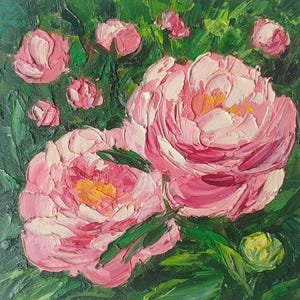 Pintura al óleo original de peonía, pintura al óleo de flores en cartón, arte mural pequeño de 15 x 15 cm