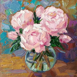 Pioenrozen schilderij origineel bloem schilderij oliepioenrozen stilleven, schilderij op bestelling