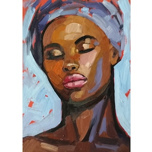 African American Woman Painting Oil Original Black Woman Portrait Girl in Turban Wall Art 7x5&quot;