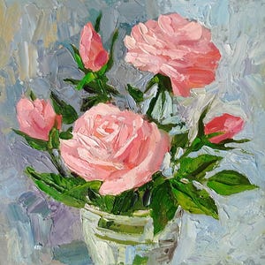Pintura al óleo original de rosas, bodegón de rosas, pintura de flores al óleo sobre cartón, arte mural pequeño de 15 x 15 cm