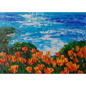 California Poppies Painting Original Oil, California Seascape, Small Wall Art 5 by 7&quot;