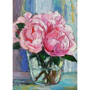 Pink Peonies Painting Original Flower Impasto Paintin, Oil Cardboard, Small Artwork 7 by5&quot;