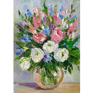 Flowers Oil Painting Original, Peonies, Abstract Flower Bouquet Impasto, Small Wall Art 7 by 5&quot;