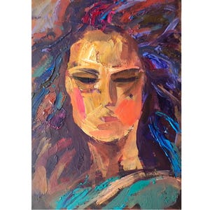 Woman Abstract Portrait Oil Original, Girl Portrait Expressive Painting, Small Wall Art 7x5&quot;
