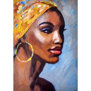 African American Woman Painting Oil Original Black Woman Portrait Girl in Turban, Wall Art 7x5&quot;