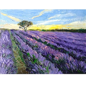 Tuscany Lavender Oil Painting Impasto Original, Landscape Sunset Lavender Field, Wall Art 6x8&quot;